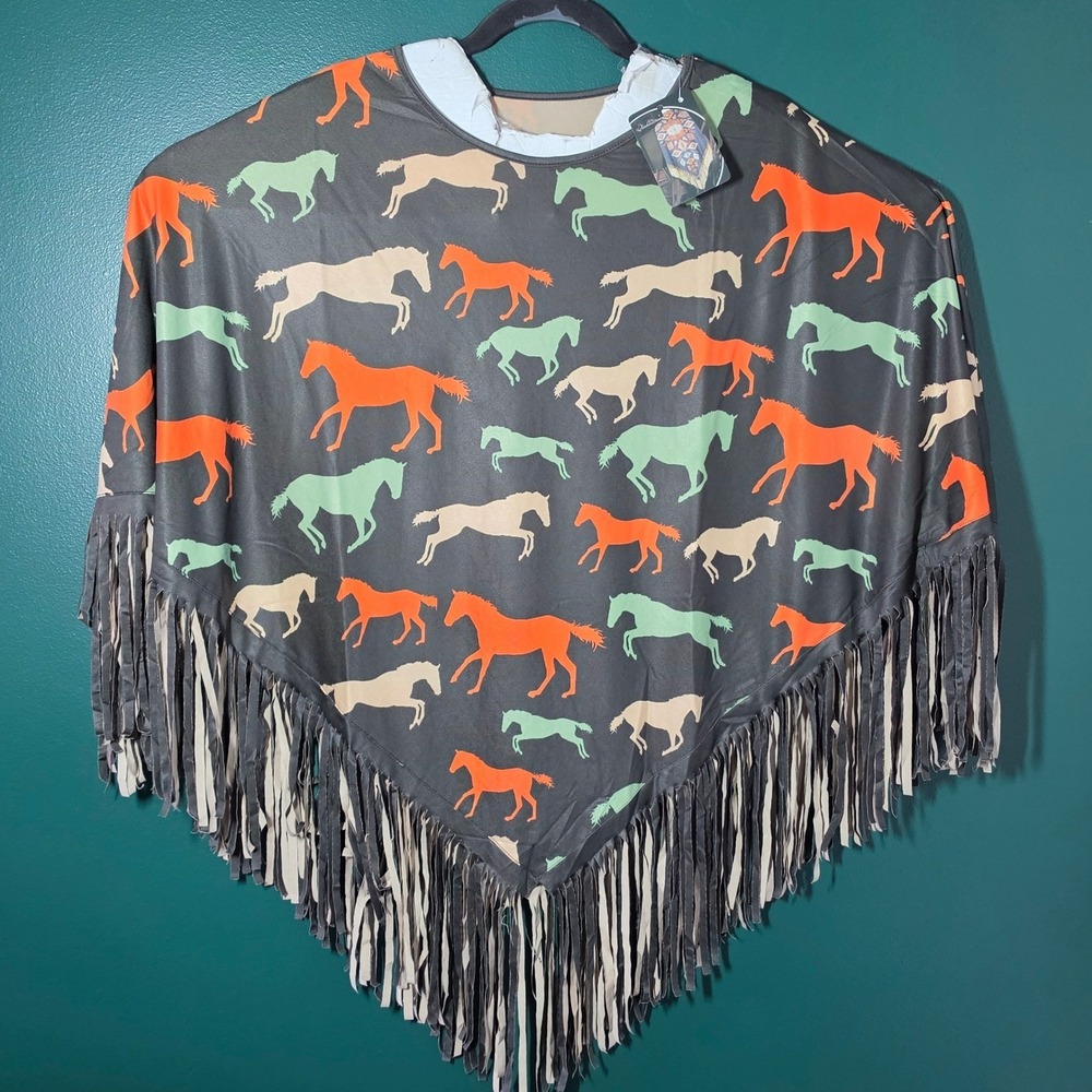 Montana West Womens Horse Print Fringe Poncho Wrap Western Cowgirl Charcoal Gray